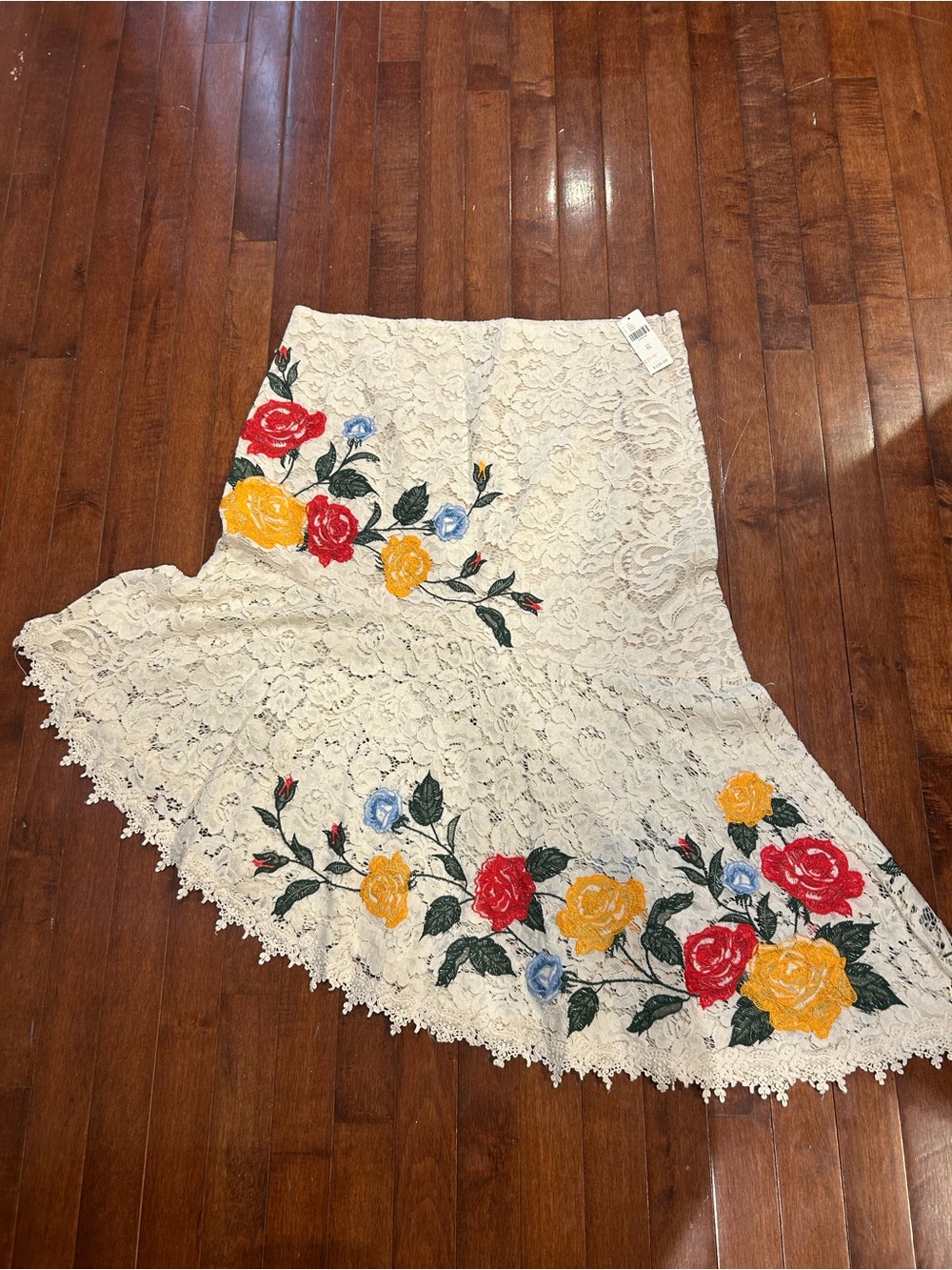 Anthropologie Cream Lace High-Low Skirt with Red, Yellow & Blue Rose Embroidery